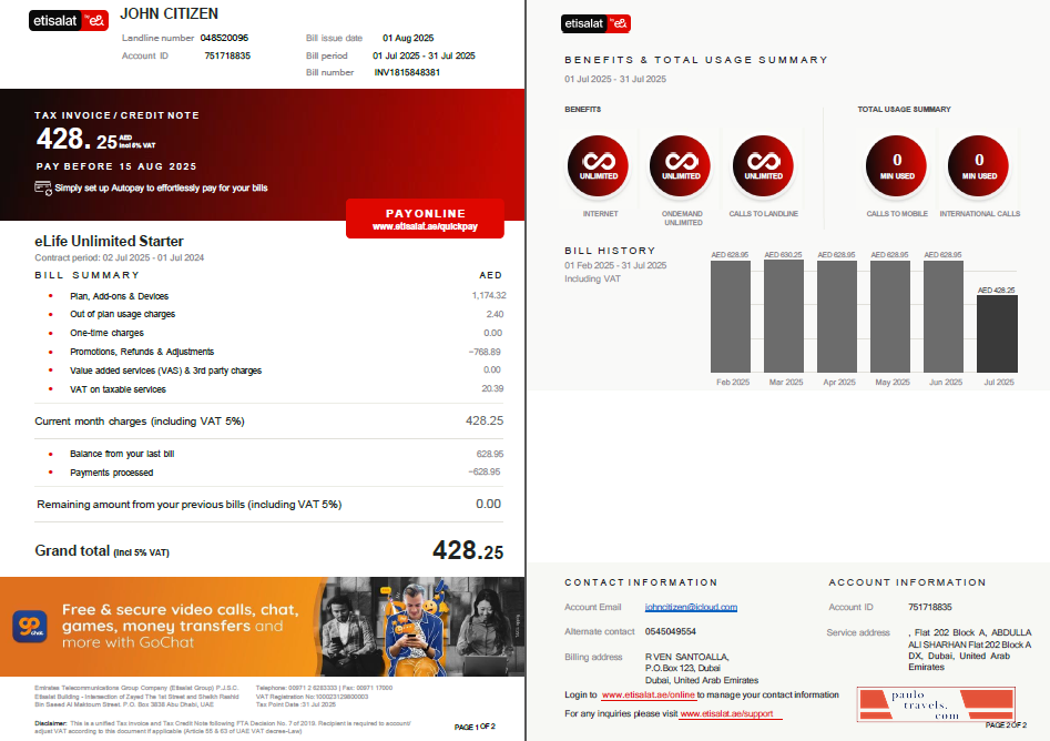UAE Etisalat utility bill template in Word and PDF formats, 2 pages, version 3